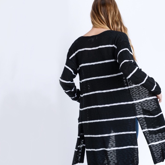 NEW! Black White Striped Cardigan Side Slit - Picture 5 of 7
